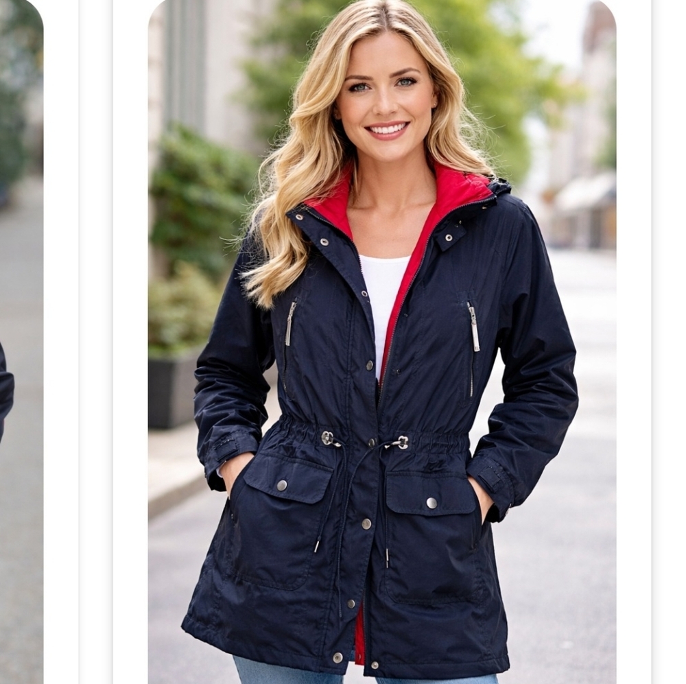 Etage Denmark Women's Navy Hooded Parka Coat Red Lining Cinch Waist Size 36 (M)